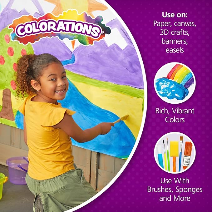 Colorations Paraben-Free Simply Washable Tempera Paint, Rainbow Plus 8 Pack, Matte Finish, Classroom Supplies, Vibrant Colors, Non-Toxic, Washes Off Easily, School, Craft, Art Supply Set, Each 16oz