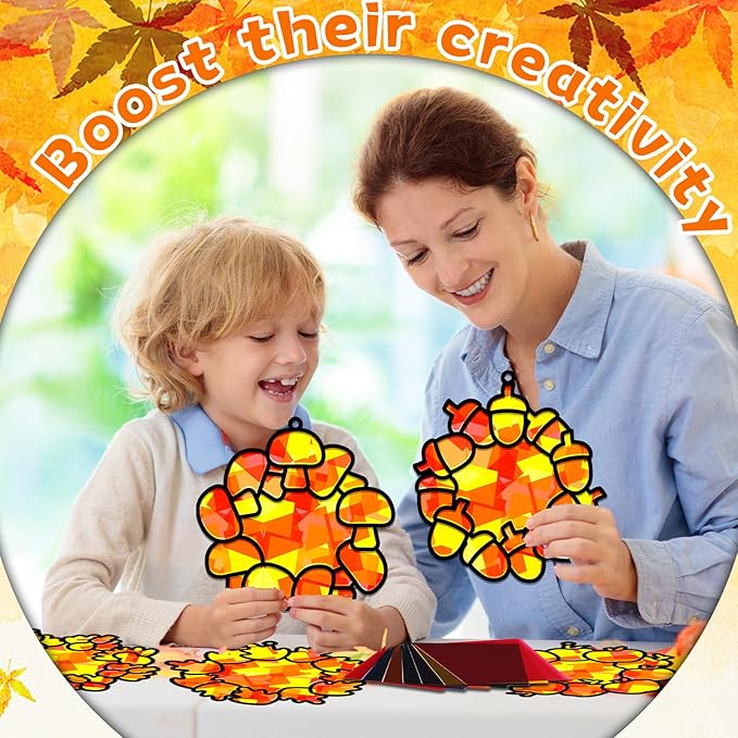32 Sets Fall Thanksgiving Wreath Suncatchers Craft Kit DIY Window Stained Glass Effect autumn Wreath Paper Crafts Home School Classroom Decoration Kid Birthday Gift Creative Art Project Activity Game