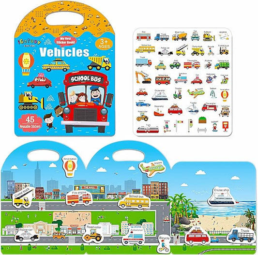 Reusable Sticker Books for Toddlers, Jelly Sticker Books for Kids, Vehicle Stickers for Kids