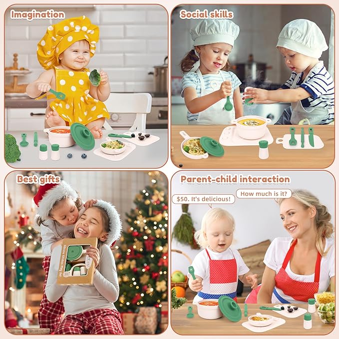 TYRY.HU Play Kitchen Accessories, 11Pcs Pretend Play Toys, BPA Free Silicone Play Kitchen Set, Pretend Play for Toddlers 1-3, Pretend Cooking Playset Cookware Utensils Gifts for Kids Girls Boys, Green