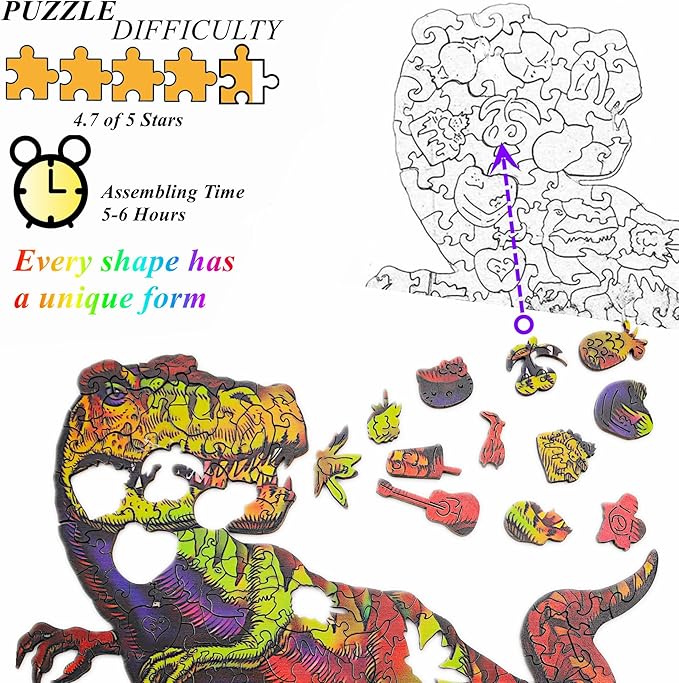 Wooden Jigsaw Puzzle for Adults,Tyrannosaurus rex Dinosaur Animals Shaped Magic Puzzle Pieces Best Gift for Adults,Can be Used as a Cool Mouse Pad,302pcs,(12.99 * 12.79 inches) New