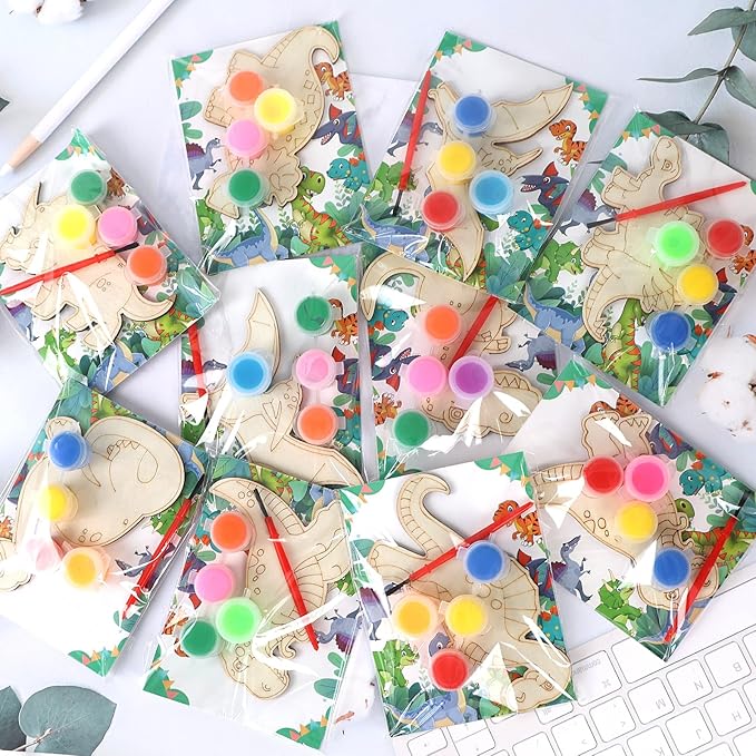 LARDUX Dinosaur Party Favors, 24PCS DIY Wooden Arts & Crafts Painting Kit for Kids, Glow in The Dark Party Favors Family Crafts Birthday Party Christmas Gifts Toys for Boys Girls