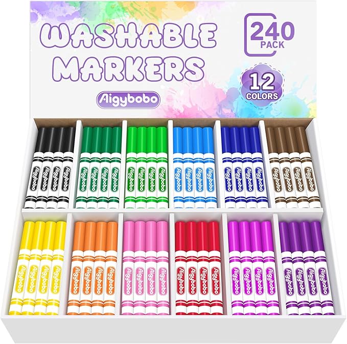 Aigybobo 240 Count Washable Markers Bulk, 12 Assorted Colors, Broad Line Conical Tip Coloring Markers for Kids, Markers Bulk Pack for Classroom, School Art Supplies & Back to School Supplies