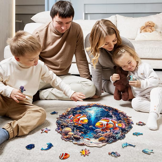 Wooden Puzzles for Adults - Clownfish Journey Wooden Jigsaw Puzzle, Unique Animal Shaped Wood Puzzles Adult, Christmas Birthday Gifts for Friends/Family, Home Decor 11.4 * 11.2in 195pcs