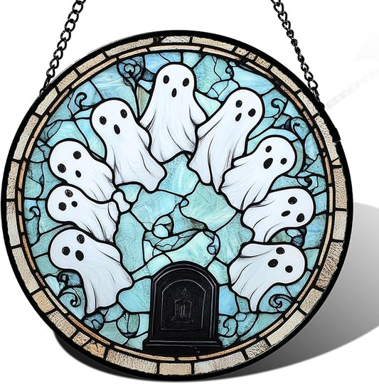 Stained Glass Window Hanging - Halloween Decorations Ghosts Tombstones Suncatcher for Doors Garden Indoor Spooky Funny Sun Catchers Gothic Decor Horror Gifts for Women Men Friend 9.8 in