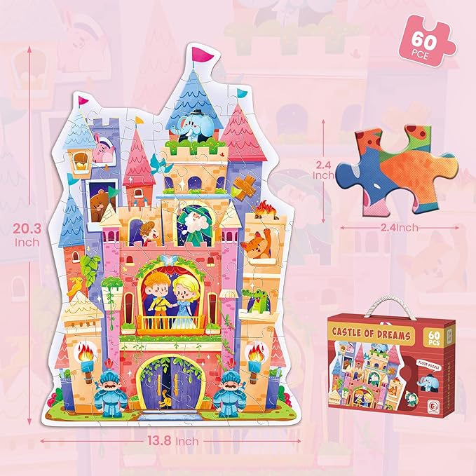 ELX 60 Piece Castle Jigsaw Puzzle for Kids 3+, Large Floor Puzzle for Preschool Learning with Storage Bag, Educational Toy Gift Birthday and Christmas for Boys Girls