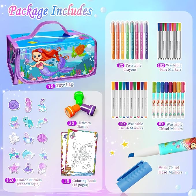 weirtoya 56 PCS Washable Scented Markers Set with Glitter Pencil Case, Mermaid Unicorn Arts and Crafts for kids 4-6-8 Kids Coloring Drawing Kits for 4-8 Years Old Girls Birthday Gifts