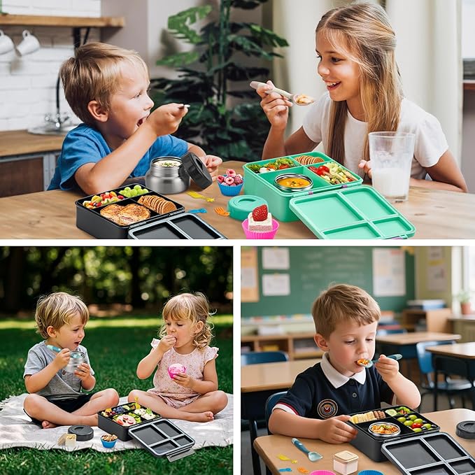 Bento Lunch Box with 9.5 oz Soup Thermo, Kids Leakproof 4 Compartments Bento Box with Silicone Cupcake,Fruit Fork,Spoon and Sauce Cup,Insulated Food Jar for School Travel-Game