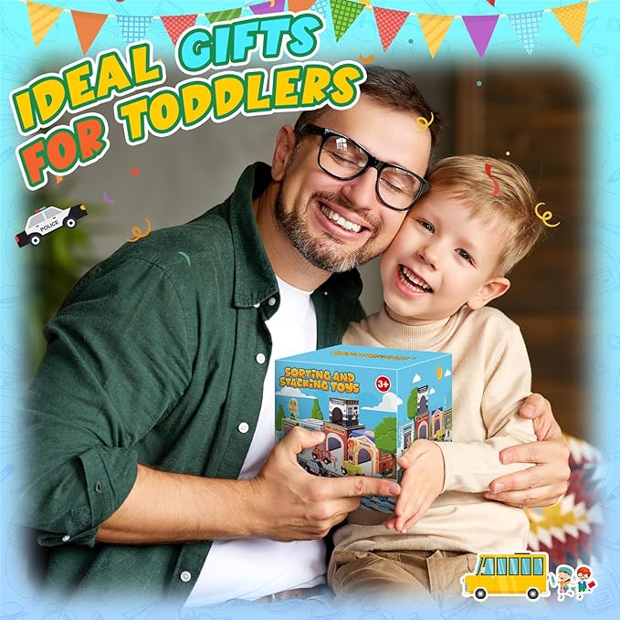 Baby Stacking Toys for Toddlers, Magnetic Wooden Cars & Garage Sorting Community Helpers Preschool Educational Learning Montessori Toys Birthday Gifts for Kids Number Blocks Nesting Boxes