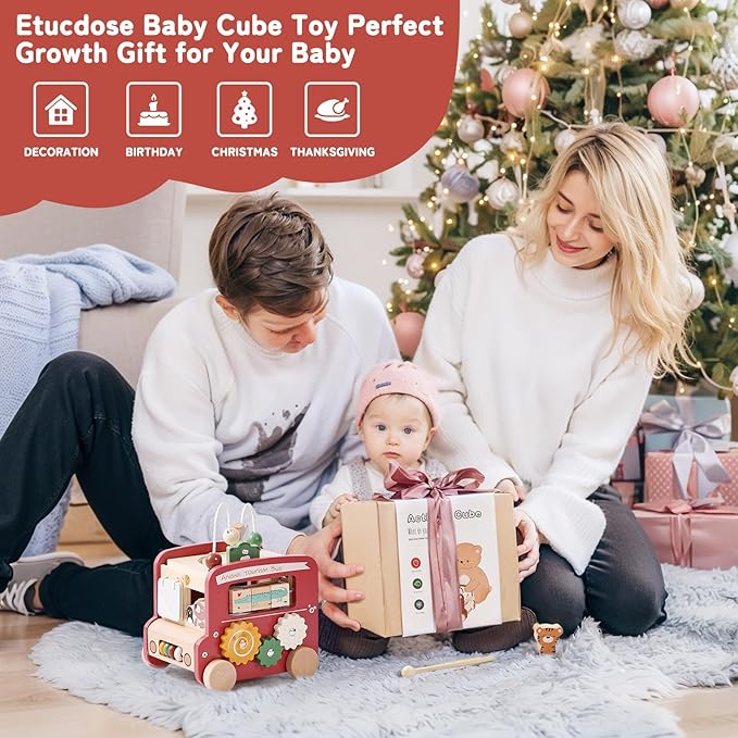 Wooden Activity Cube 8-in-1 Montessori Toys | Multifunctional Early Educational Learning Toys | Wooden Toy for Baby Shape Sorter Xylophone Animal Travel Bus Boy Girl Birthday Gift（Red Bus）