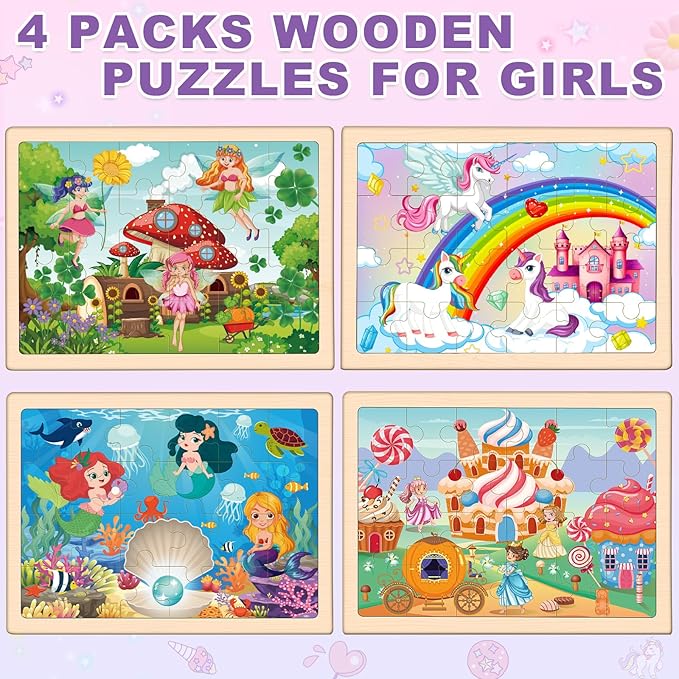 Wooden Princess Puzzles for Kids Age 3 4 5 Year Old, 4 Pack 24 Pcs Montessori Toddler Jigsaw Puzzles for Girl boy Activities Preschool Learning Educational Birthday Gift Travel Autistic Wooden Toys