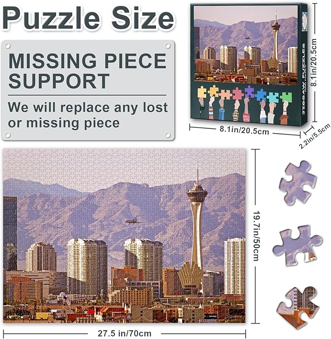 1000 Piece Puzzle for Adults Las Vegas City Skyline, Jigsaw Puzzles 1000 Pieces Difficult and Challenge Nevada Cityscape, 27.5x19.7 Inch Family Puzzle Game Night Gift & Home Decor