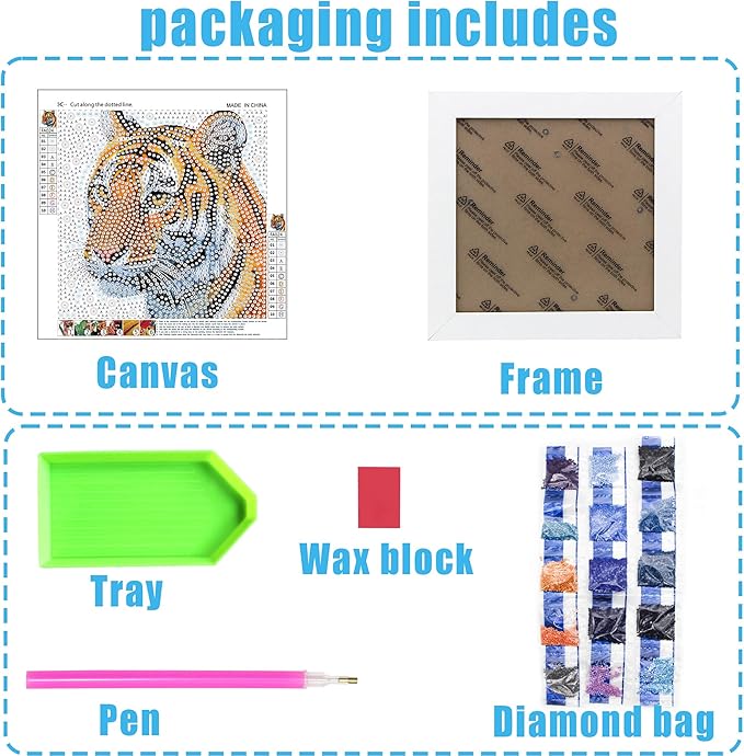 geesfayan Diamond Art Kits for Kids Ages 8-12,6 Inch DIY Gem Art Painting with 7 Inch Frame, Complete Starter Kit for Beginners, Creative Arts & Crafts Gift for Girls & Boys (Tiger)