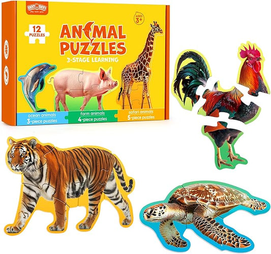 BenBen Puzzles for Toddlers 2-4,12 Animal Puzzles, 3 Levels Step-by-Step Color-Coded Jigsaw Puzzles, 48 Pieces Total, Educational Montessori Toys for Preschool Girls Boys