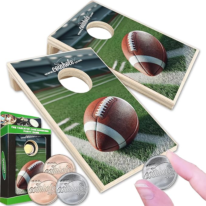 Coinhole Desktop Coin Bouncing Party Game Set | Tabletop Cornhole Board Game | Small Cornhole Travel Game Includes Coins