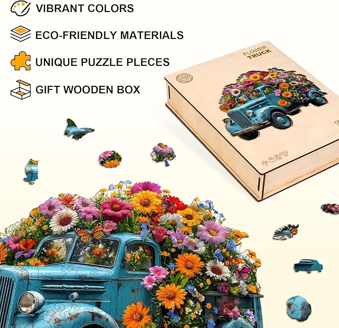 Jigfoxy Wooden Puzzle for Adults, Flower Car Jigsaw Puzzles for Adult, Unique Animal Shape Wood Cut Puzzles, Christmas Thanksgiving Gifts for Friends Family (S-8.5 * 6.8in-80pcs)