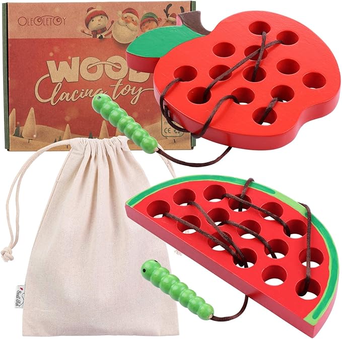 KLT Wooden Lacing Toy for Toddlers: Apple Watermelon Threading Toy - Preschool Fine Motor Skill Learning - Early Educational Gifts for 3 4 5 Kids