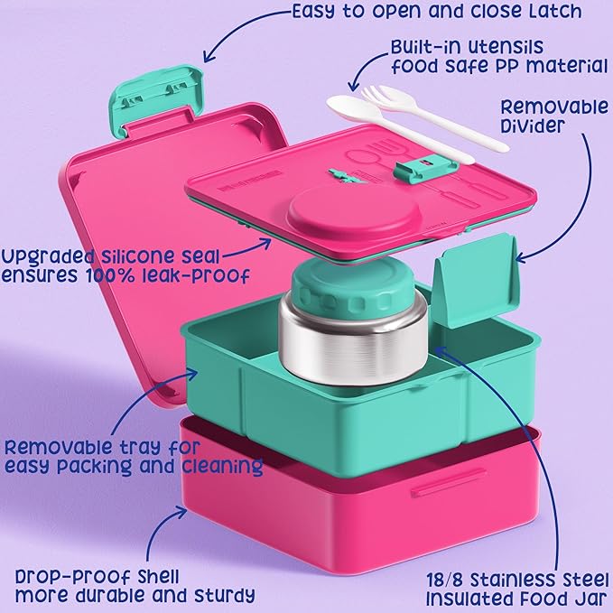 Fimibuke Bento Lunch Box for Kids Adult, 3-4 Compartment 60OZ Toddler Lunch Box Container with Leakproof 8OZ Insulated Food Jar, Sauce Jar, Utensil for School Boys Girls, BPA-Free Dishwasher Safe