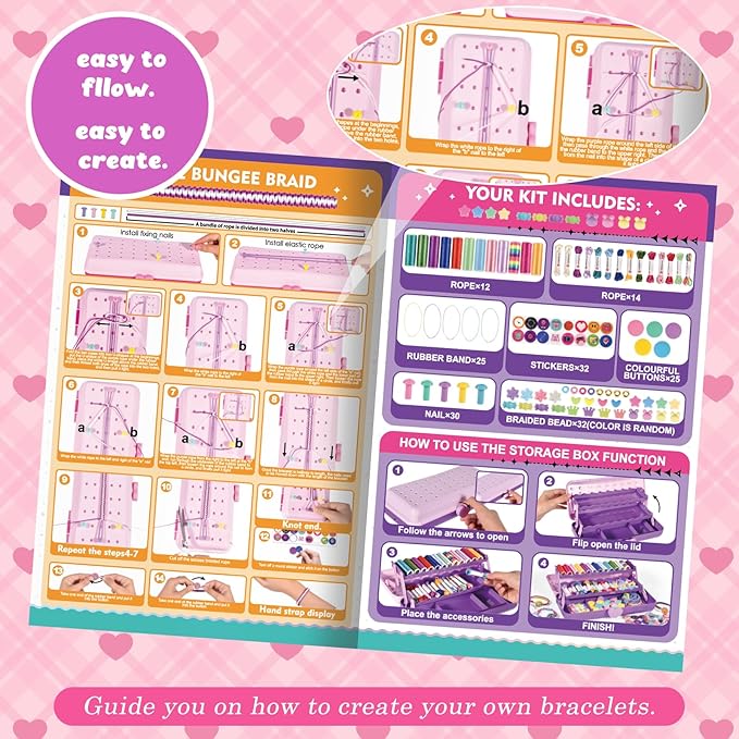 Hewaurorion Friendship Bracelet Making Kit Toys, Arts and Crafts String Maker Tool for Kids Ages 8-12, Bracelet DIY Christmas Birthday Present Gifts for Teen Girls (Rose)