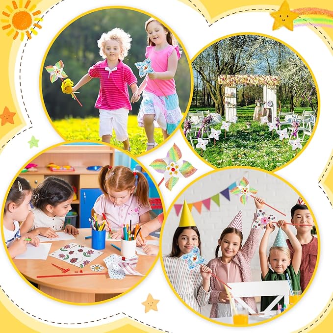 300 Pcs DIY Paper Pinwheels for Kids Bulk Fall Summer Craft Kits White Blank Paper Pinwheels for Girl Boy School Group Activities Daycare Home Graffiti Art Craft Party Halloween Christmas (5.12 Inch)
