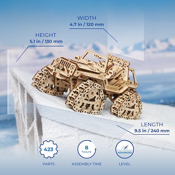 UGEARS Tracked Off-Road Vehicle - 4WD Model Vehicle Kits to Build - DIY 3D Car Model Puzzle with Spring Motor, 2 Driving Modes, Openable Hood with Engine - 3D Wooden Puzzles for Adults