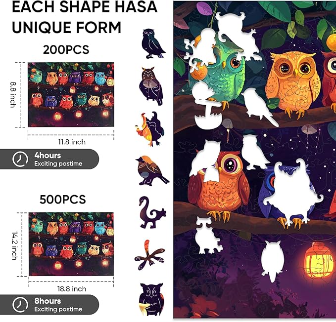 Wooden Puzzles for Adults 200 Pieces, Owl Family Wooden Jigsaw Puzzles, Animal Adult Puzzles, Irregular Wood Puzzles Creative Gift for Adults and Kids Family Brain Game, 11.8x8.8 inch