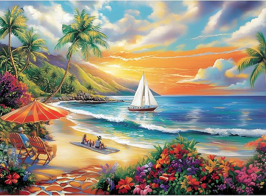 300 Pieces Puzzles for Adults, Summer Beach Jigsaw Puzzles 300 Pieces Puzzles for Adults Kids, Colorful Sunset Boat Jigsaw Puzzles, Birthday and Holiday Challenging Gift Toy 20.5x15 in
