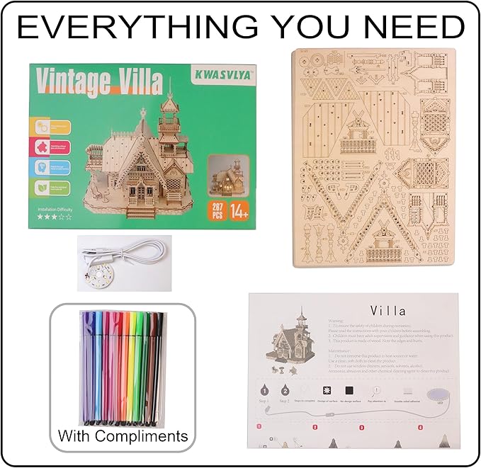 Vintage Villa 3D Wooden Puzzle,Building Kits for Adults and Teens,Educational Brain Teaser Assembly Model with LED Lights,Skill Building and Creative Fun