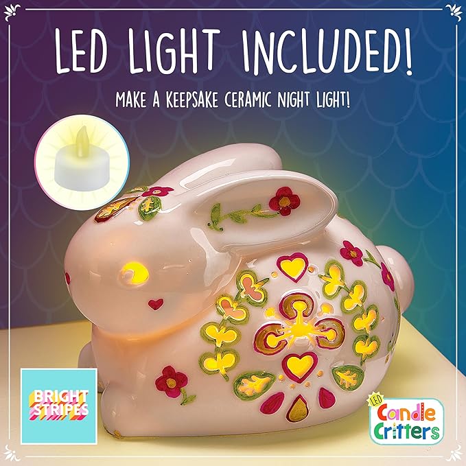 Bright Stripes LED Candle Critters|Color Your Own Ceramic Bunny|Age 6+|DIY Creative Kids Set|Includes 3 Ceramic Markers,LED Candle Light,House Shaped Box & Instruction|Perfect for Kids Birthday Gift