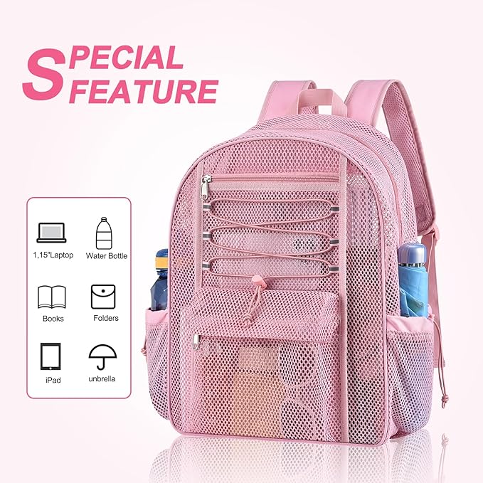 Mesh Backpack Heavy Duty for School, 24L Large Mesh Bookbag for Adults, Black School Bag with Comfort Padded Straps for Work Swimming Beach Fitness Sport(Pink)