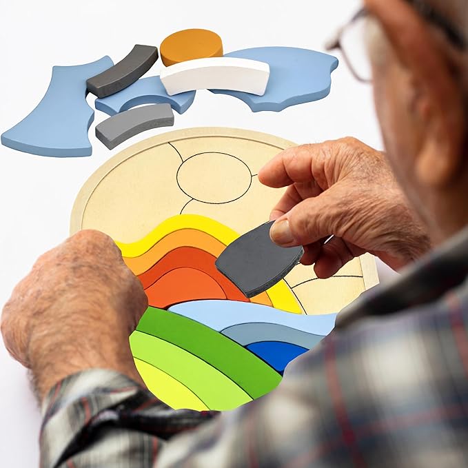 Activities for Dementia Patients, 20 Pieces Wooden Puzzles Game for Seniors, Colorful Hill Pattern Match Alzheimers Products for Elderly, Tile Matching Board Memory Cognitive Gifts