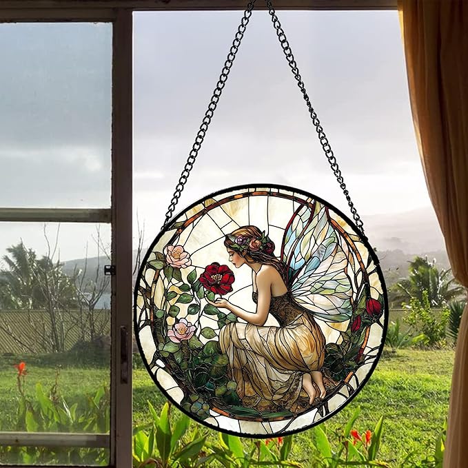 Stained Glass Window Hanging - Butterfly Flower Fairy Suncatcher for Door Terrace Garden Home Decor Yellow Green Plants Sun Catcher Birthday Gifts for Lovers Women Men Dad Mom Nana 15 in