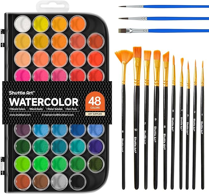 Shuttle Art 58 Pack Watercolor Paint Set, 48 Colors Watercolor Pan with 10 Paint Brushes for Beginners, Artists, Kids & Adults to Water Color Paint, Bullet Journal, Calligraphy Practice