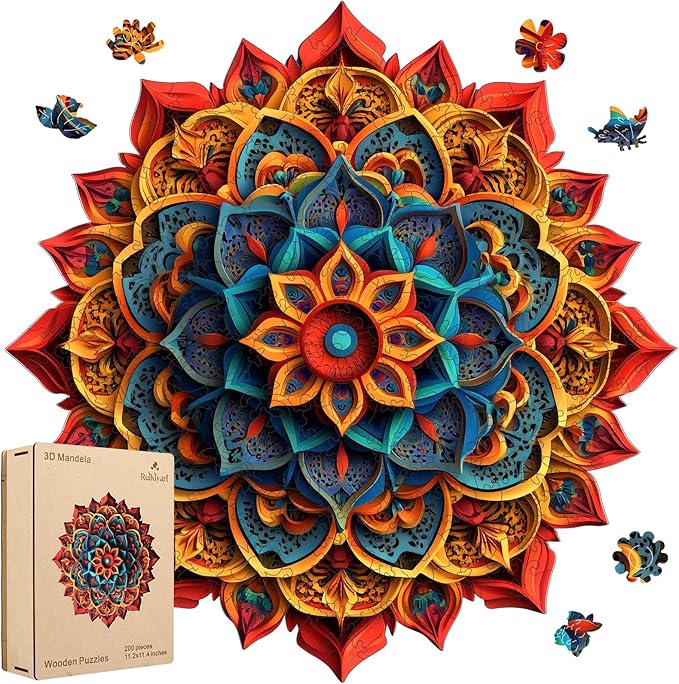 Ruikiyart Wooden Puzzles for Adults, 5MM 200 Pieces 3D Vision Mandala Wooden Jigsaw Puzzle, Unique Shaped Wooden Puzzles for Kids and Adults on Birthday, Thansgiving, Christmas (11.2"*11.2")