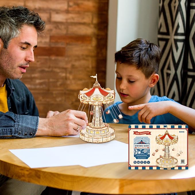 ROKR 3D Puzzles Wooden Music Box Kit with LED, Rotating Swing Ride Mechanical Model Kit DIY Wood Craft Hobbies Kit for Adults Birthday for Adults