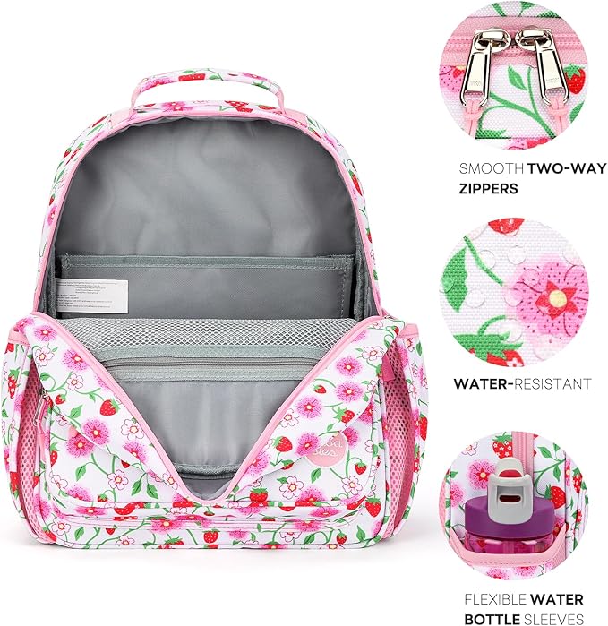 mibasies Girls Backpack 5-8: Lightweight Kids Backpacks for Girls - Girl Bookbag for Elementary School - Strawberry Floral Pink