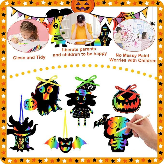 JULMELON Halloween Craft Kits, 48PCS Rainbow Magic Scratch Art Halloween Hanging Ornaments Halloween Crafts Scratch Paper Halloween Party Favors Games
