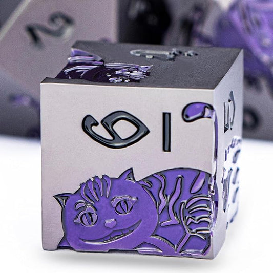 Metal DND Cat Dice 7PCS Polyhedral RPG Dice Set with Gift Case for Dungeons Dragons Role Playing Game, D and D Dice D6 D8 D10 D12 D20 D% (Grey Purple)