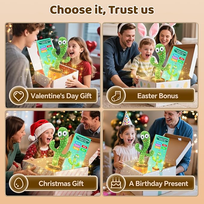 Dancing Talking Cactus Toy for Baby Toddler, Boys Girls Gifts Singing Mimicking Recording Repeating What You Say Baby Toys with 120 English Songs (Adjustable Volume)