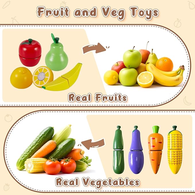 JBBRO Wooden Play Food, Wooden Toys Montessori Kitchen Tools for Toddlers 1-3, 46-Piece Realistic Cutting Set with Play Kitchen Accessories, Educational Pretend Food for Boys and Girls 18+ Months