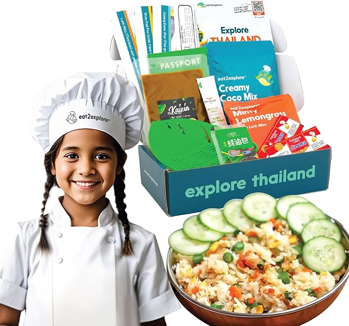 eat2explore Cooking Kits for Kids - Interactive & Educational Set with 3 Recipe Cards, Key Ingredients & Cooking Tools - Ideal Idea for Kids who Love to Create Meals (Thailand Edition)