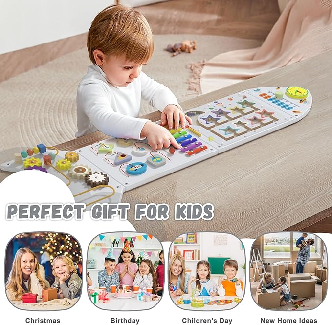 Montessori Busy Board - White Rocket Activity Wall Panels, Wall Toys for Toddlers 3+, Sensory Panels for Kids, Wooden Activity Cubes, Playroom Daycare Toys, Toddler Sensory Board (4PCS)