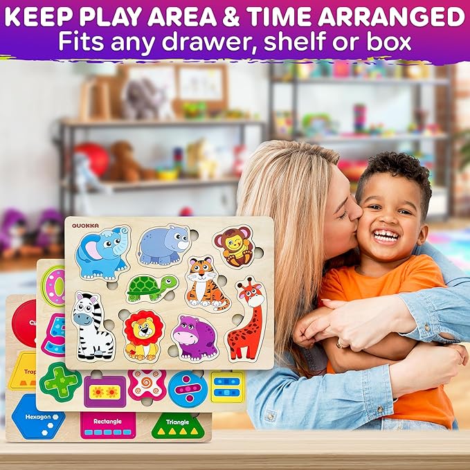QUOKKA Toddler Puzzles Ages 2-4 – Wooden Puzzles for Kids 1-3-5 Year Old – Learning Travel Game with Numbers Animals Shapes – Wood Educational Gift for Boys and Girls