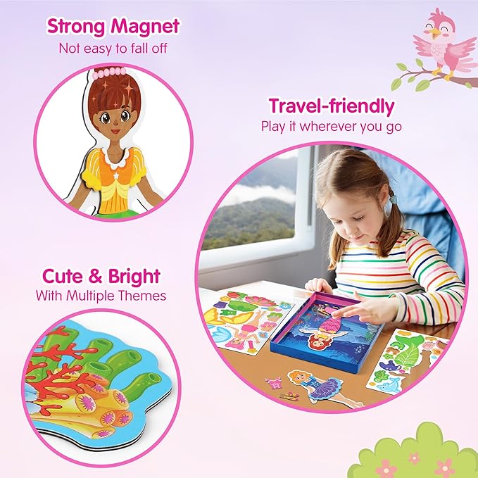 Mocoosy Magnetic Dress Up Dolls for Girls, Princess Mermaid Fairy Ballerina Magnet Dolls Dress Up Kits, Travel Game Car Road Trip Airplane Activity Toys Birthday Gifts for Toddler Girls Ages 3 4 5 6 7