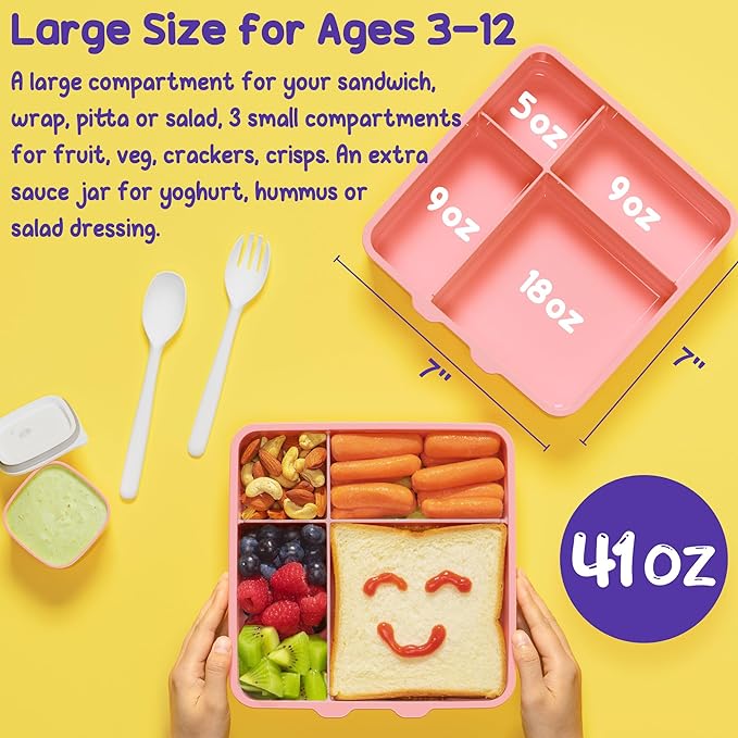 Fimibuke Kids Bento Lunch Box with 4 Compartments, Insulated lunch Bag, Stainless Steel Insulated Water Bottle, Ice Pack & Utensils Set, Birthday Gifts for Ages 3-12 Back to School Toddler Girls Boys