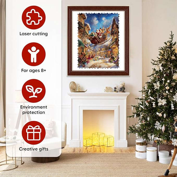 Christmas Sleigh Wooden Puzzles for Adults & Kids - 500 Pcs, Luxury Shaped Wood Jigsaw Puzzle, 12.6"x16.7", Challenging Holiday Family Game, Home Decor