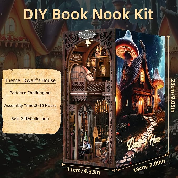 Book Nook Kit, Book Nook Kits for Adults and Teens, DIY Miniature Dollhouse Kit 3D Wooden Puzzle Booknook Bookend with LED Light