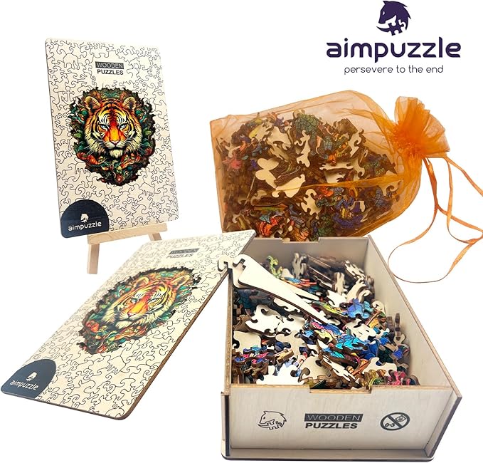 Wooden Puzzles for Adults, Jungle Tiger Unique Shaped Wooden Jigsaw Puzzle, Premium Wooden Box Animals Wood Cut Puzzles, Birthday, 187 Pieces, 11.81"x11.22"