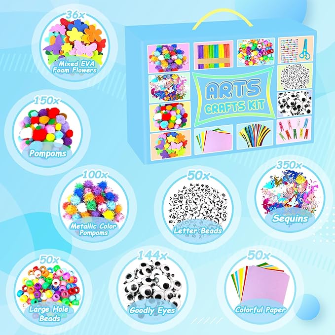 2000 PCS Arts and Crafts Supplies for Kids All-in-1 Craft Kit with Pipe Cleaners Craft Box Set DIY Crafting Supply School Supplies Toys Gifts for Girls Boys Ages 4-6, 6-8, 8-12, Blue