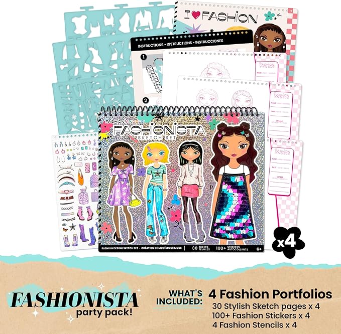 Fashion Angels Fashionista Sketch Sets Bundle, Bulk Pack of 4 Fashion Design Sketch Books, Ideal Gift & Party Favor for Girls, Kids, Tweens